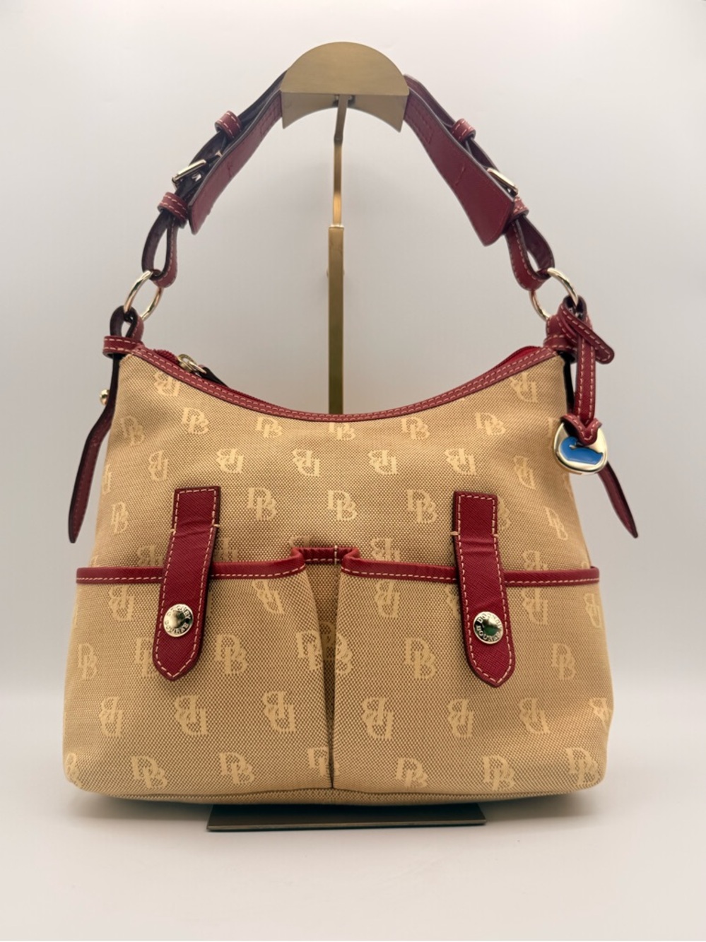 DOONEY & BOURKE Beige Canvas Shoulder Bag with Burgundy Trim